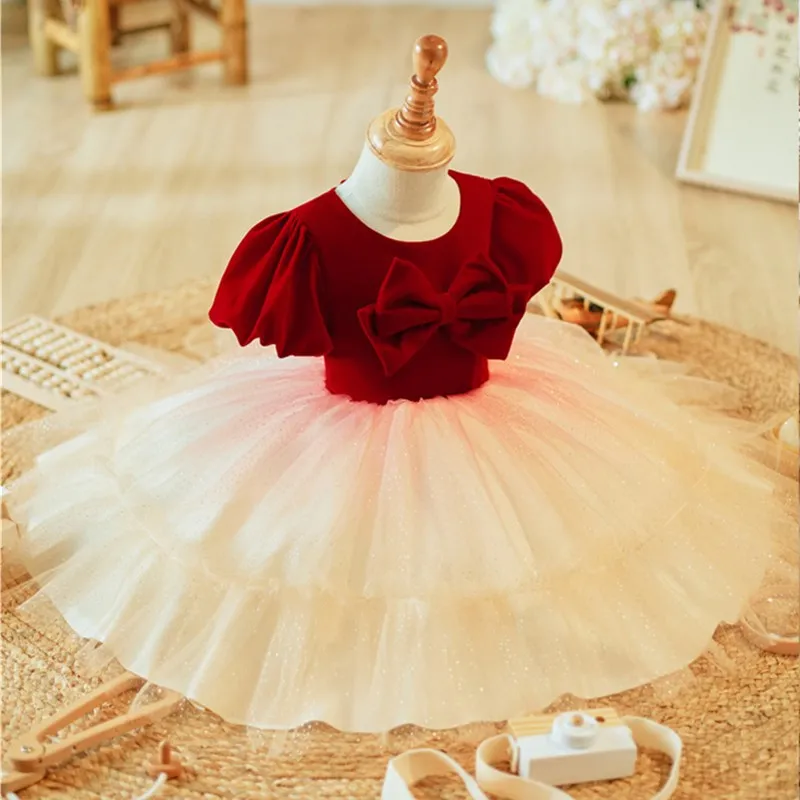 

high-grade Children's Evening Gown Bow Design Spanish Vintage Girls Birthday Baptism Party Christmas Dresses For Eid