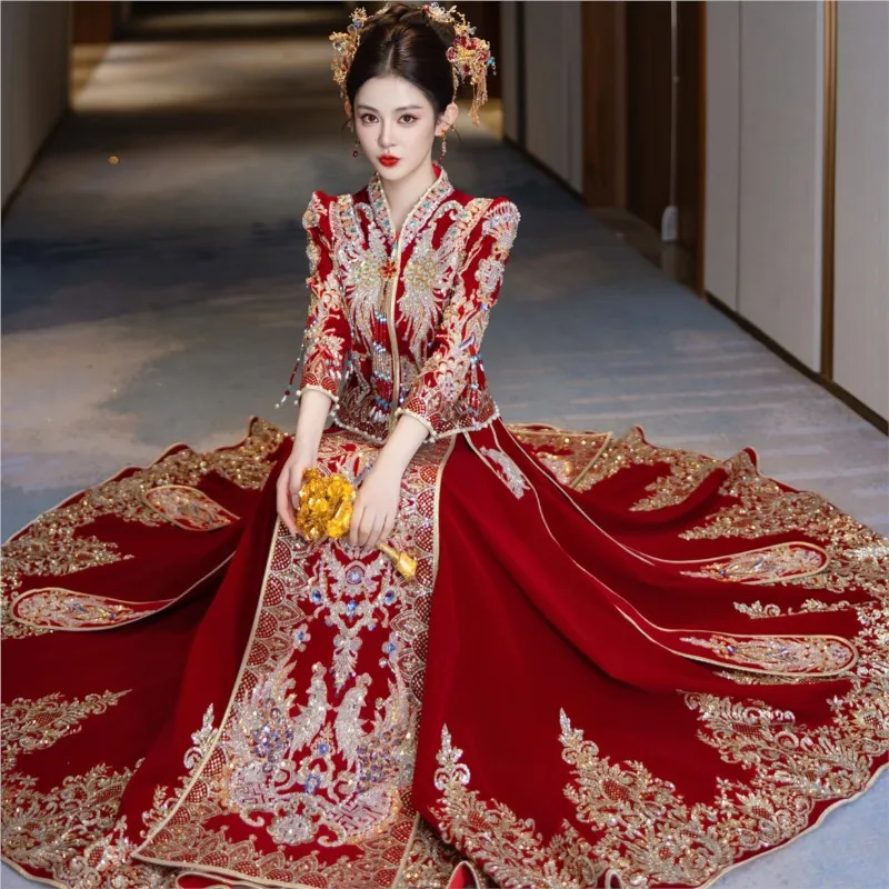 

Платье для тостов невесты, женское свадебное платье в китайском стиле с изображением феникса на церемонии.