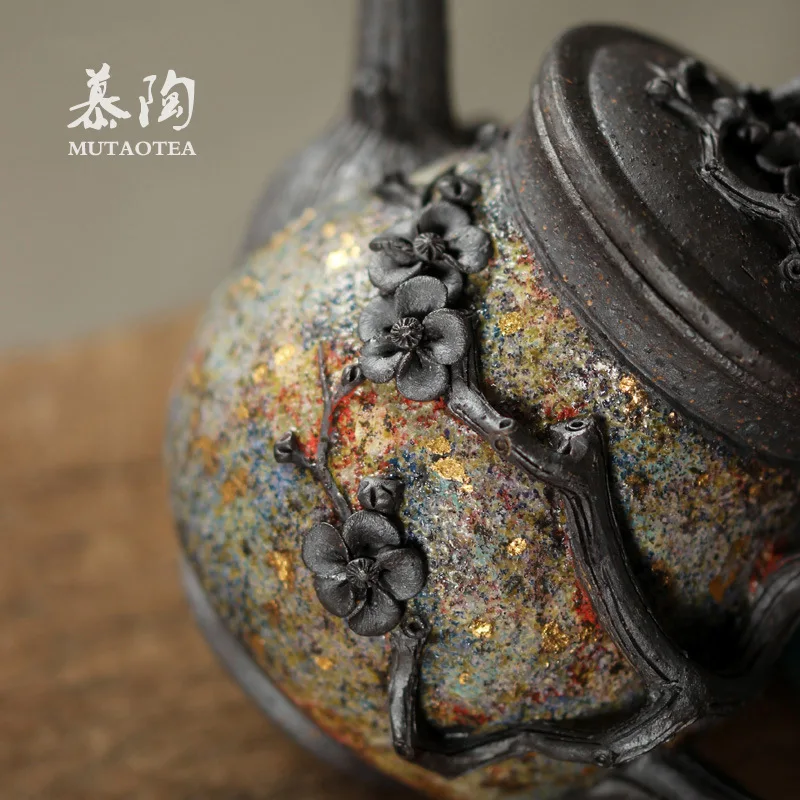 Mutaoyu Handmade Plum Blossom Wood-Fired Rock Mineral Single Pot, Kung Fu Tea Set, Household Ball Hole Teapot, Japanese Style