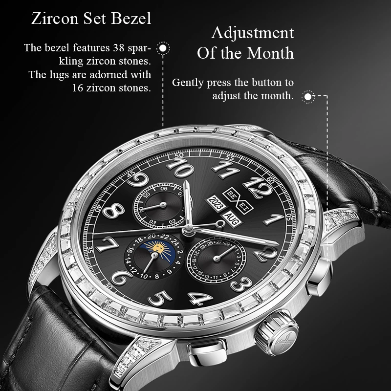 BEXEI 2025 年月日日 24 時間表示機械式自動巻きムーブメント 38 ジルコンベゼルマンウォッチサファイアビジネススタイル