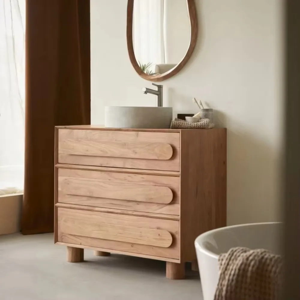 Bathroom vanity, single ceramic sink Solid wood Unique design Striped design Freestanding or wall-mounted cabinets