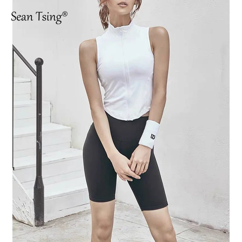 Sean Tsing® Fashion Soft Viscose Biker Shorts Women Fitness High Waist Summer Slim Knee-Length Black Cycling Leggings Sportwear