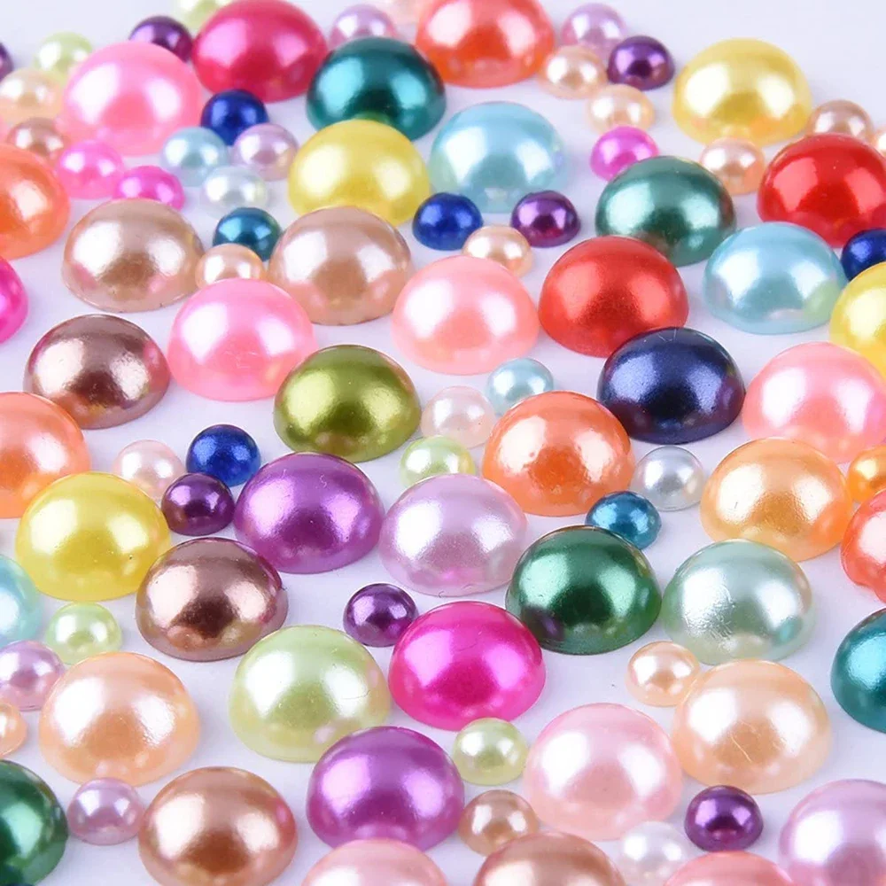 Perles ABS colorées 2-14mm, Imitation, demi-ronde, dos plat, résine, colle sur strass, Nail Art, bijoux, artisanat, décor, bricolage