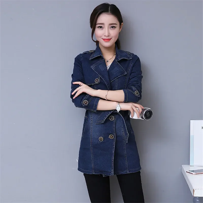 2024 herbst Denim Jacke Mantel Frauen Zweireiher Volle Ärmel Vintage Windjacke Weibliche Lange Jean Jacke Oberbekleidung Tops