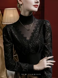 Standing Neck Mesh Splice Lace Long Sleeve T-shirt Women's French Perspective Sexy Lantern Sleeve Tops Women Clothes