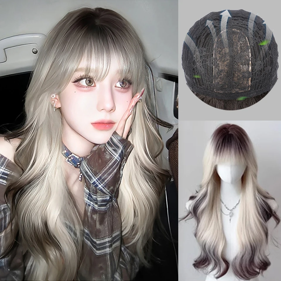 

Gradient highlights with long curls Synthetic Wigs Lolita Halloween With Bangs for Women Party Dailly Heat Resistant Wig