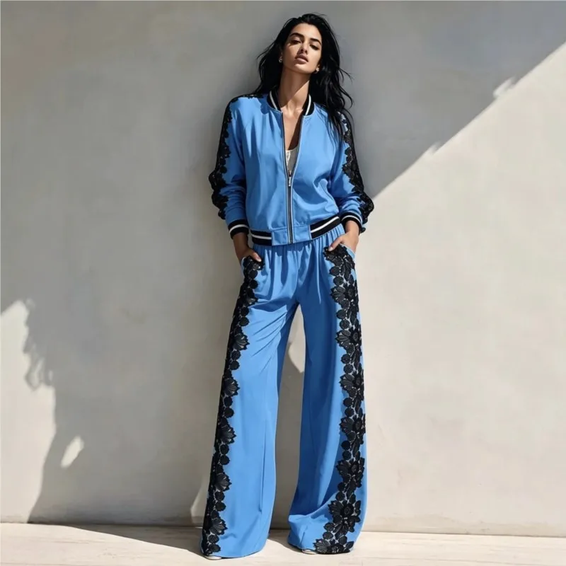 Damen Spitzen-Glänzende Reißverschluss-Jacke und Hosen-Set, Lässiger Lockerer Stehkragen, Langarm, Weite Hose, 2-Teiliges Set, Herbst-Urlaubsanzug
