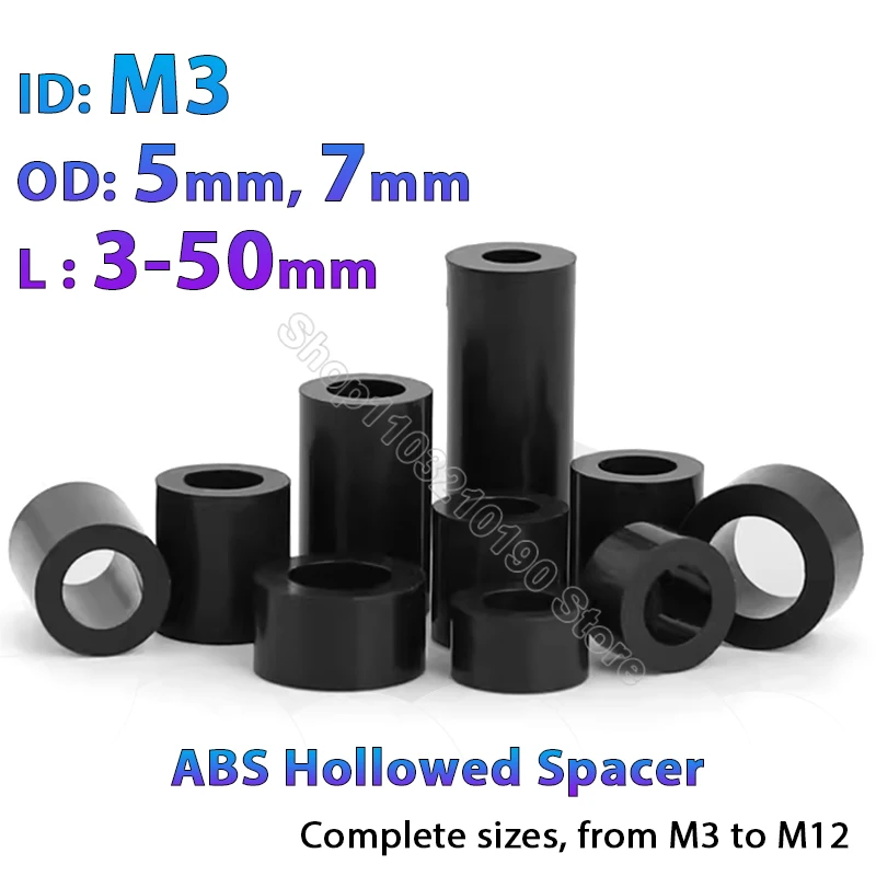 

30-500pcs M3 Black ABS Non-Threaded Hollow Nylon Spacer Round Standoff Washer PCB Board Screw Column Pillar OD 5mm 7mm, L=3-50mm