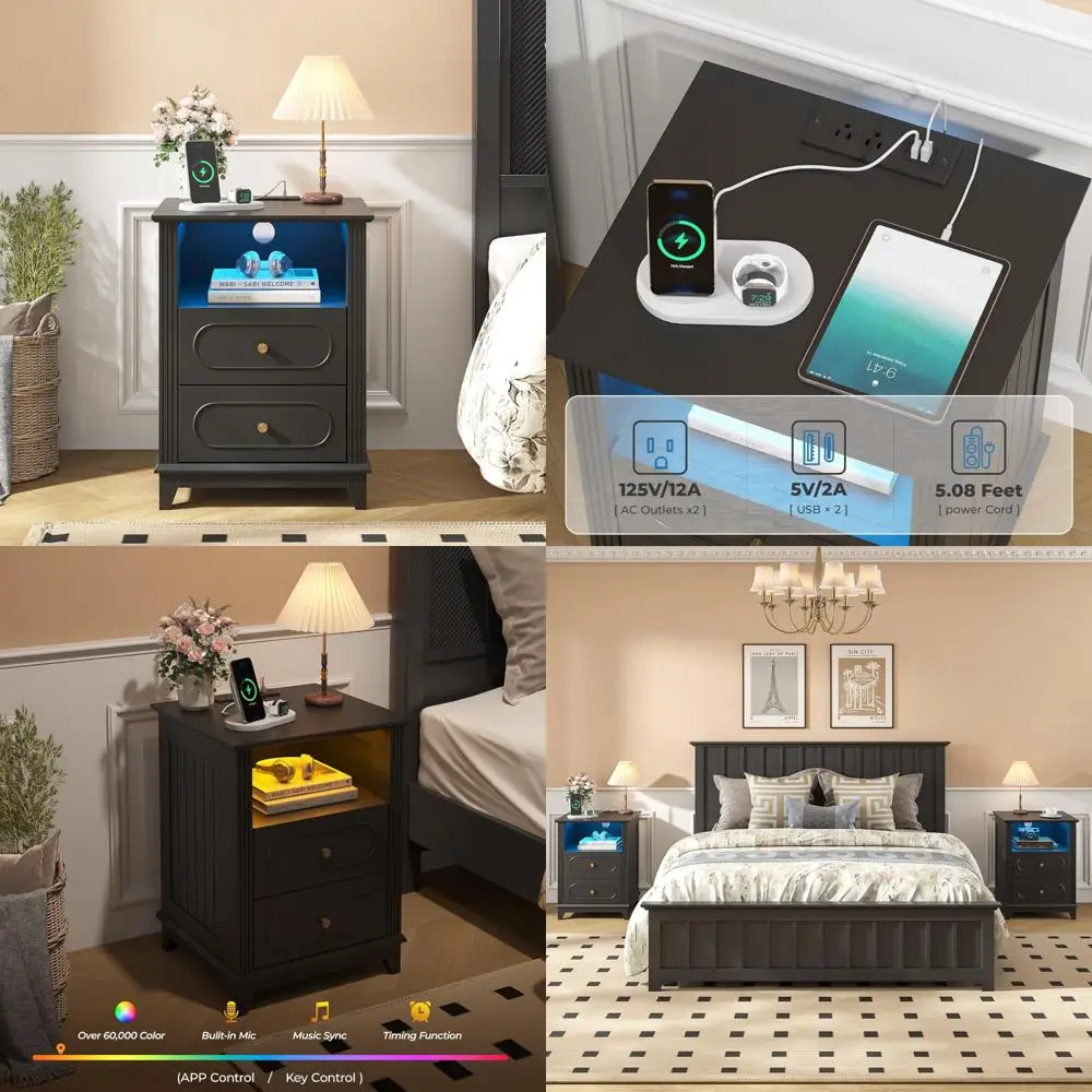 

Современная прикроватная тумбочка со светодиодной подсветкой и зарядной станцией и хранилищем для спален