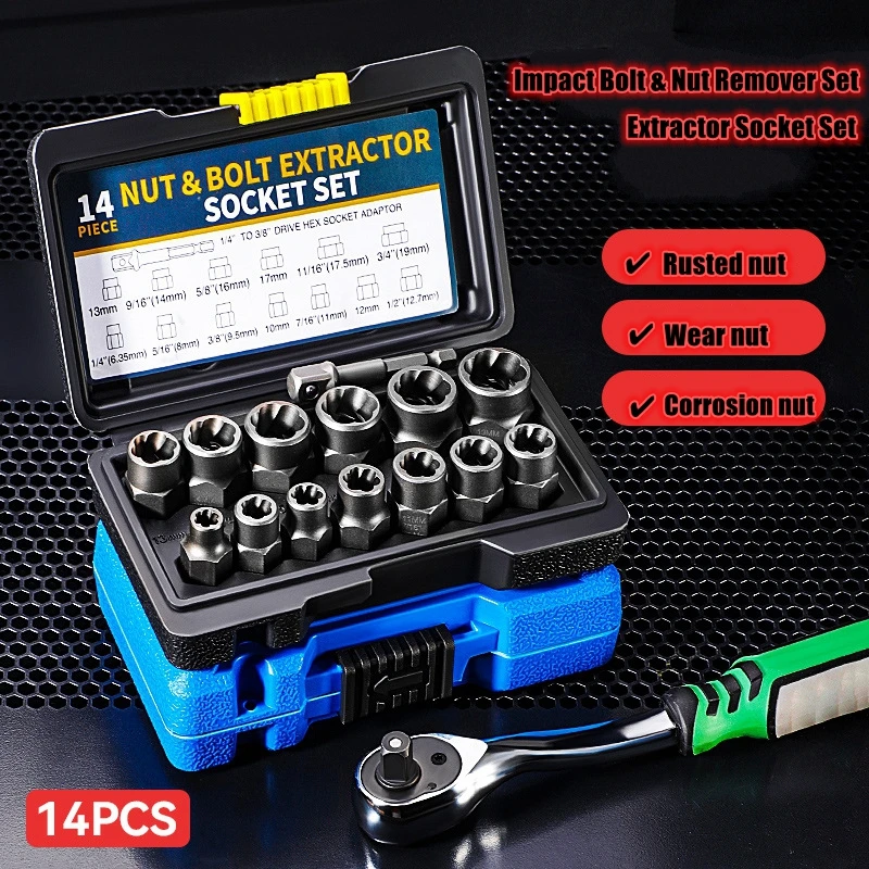 14pcs Cr-Mo Steel Damaged Bolt & Nut Remover Set, Impact Socket Extractor Tool Kit with Solid Storage Case for Industrial