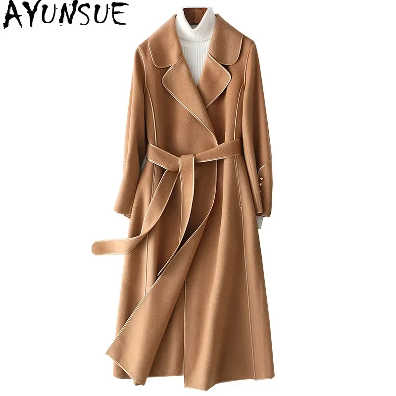 AYUNSUE 100% Real Wool Coat for Women 2024 High Quality Autumn Winter Clothes Old Money Style Long Coats Woman Пальто Женское