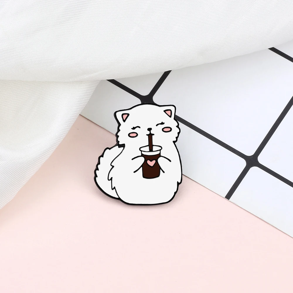 Cartoon Cute White Kitten Enamel Pins A Little Cat Drinking Cola Brooch Backpack Denim Lapel Badge Jewelry Gift for Kids Friends