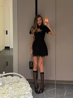 Ahagaga Sexy Women's Mini Dresses Patchwork Short Sleeves Lace Hollow Out Slim Fit Trend Baisc Turtleneck Streetwear Female Robe - Image 2