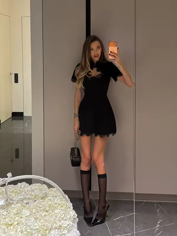 Ahagaga Sexy Women's Mini Dresses Patchwork Short Sleeves Lace Hollow Out Slim Fit Trend Baisc Turtleneck Streetwear Female Robe - Image 2