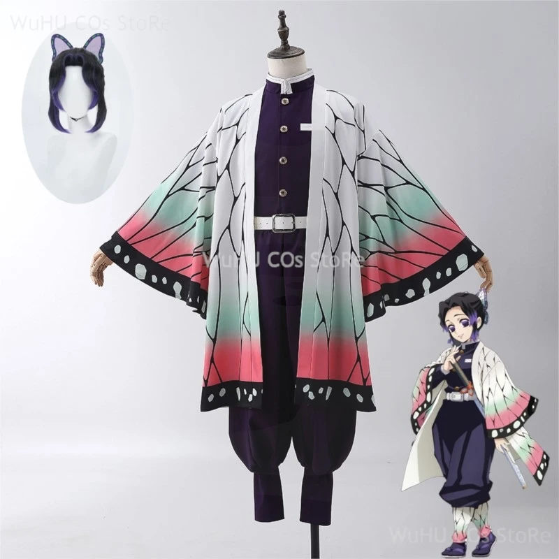 Anime Demon Slayer Kimetsu Geen Yaiba Kochou Shinobu Cosplay Kostuum Pruik Set Kimono Uniform Halloween Anime Kostuums Voor Volwassen