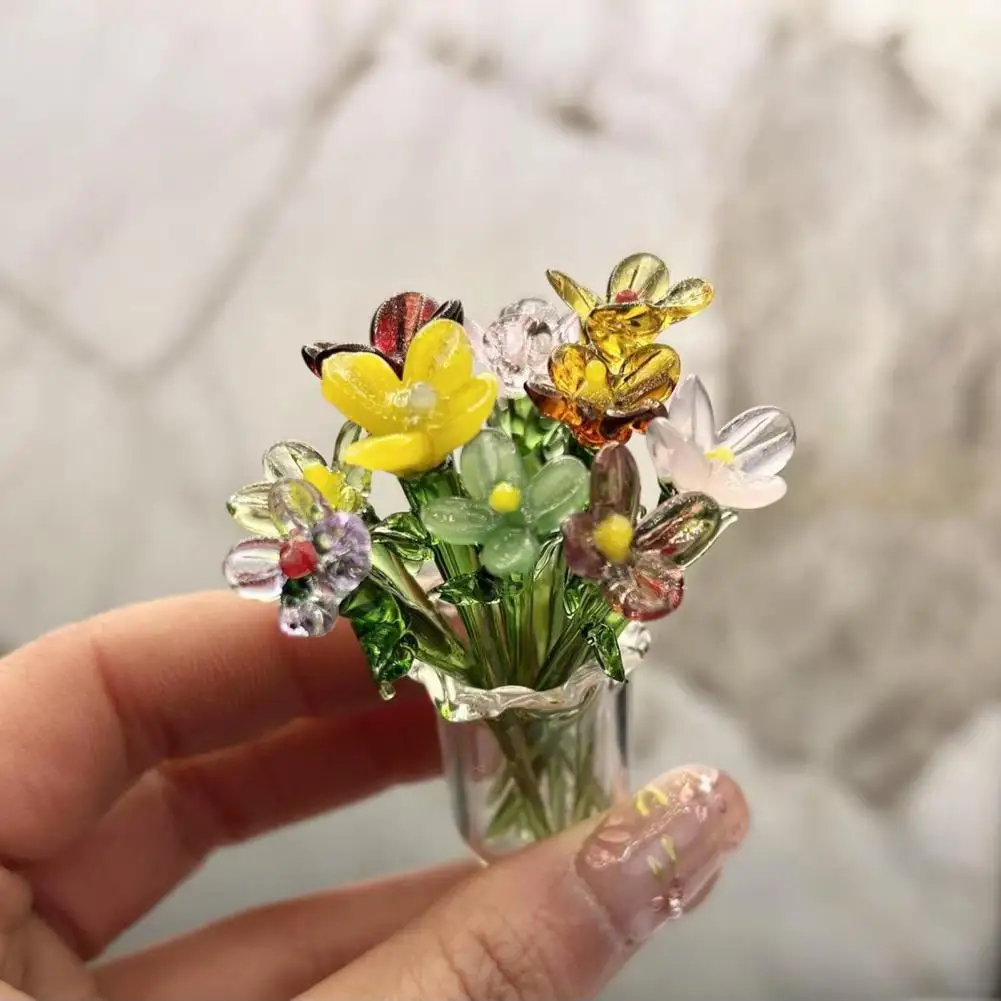 Handmade Glass Flower Decor With Stem Hand-Blown Mini Floral Plants Figurine Home Living Room Office Table Flower Vase Ornament