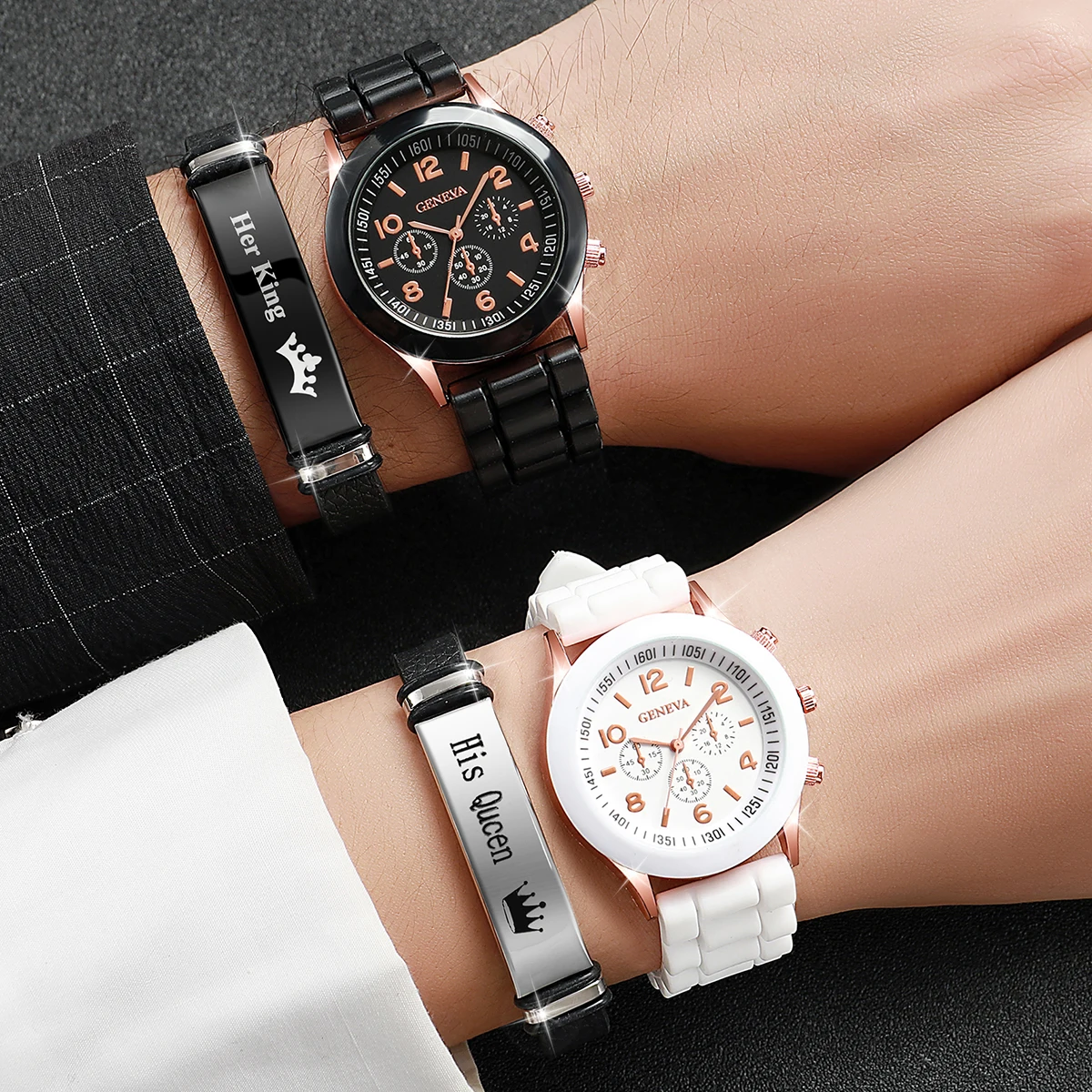 4PCS/Set Fashion Women's Watch Couple Simple Silicone Strap Quartz Watch with Crown Bracelet Set