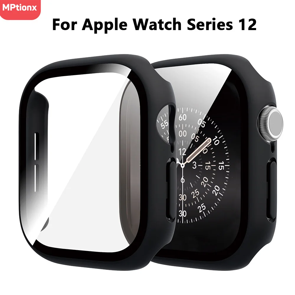 Закаленное стекло + чехол для Apple Watch Series 12 46 мм 42 мм, матовый PC-бампер, защитная пленка для экрана, аксессуары для iWatch Series 12 11 10 42/46 мм.