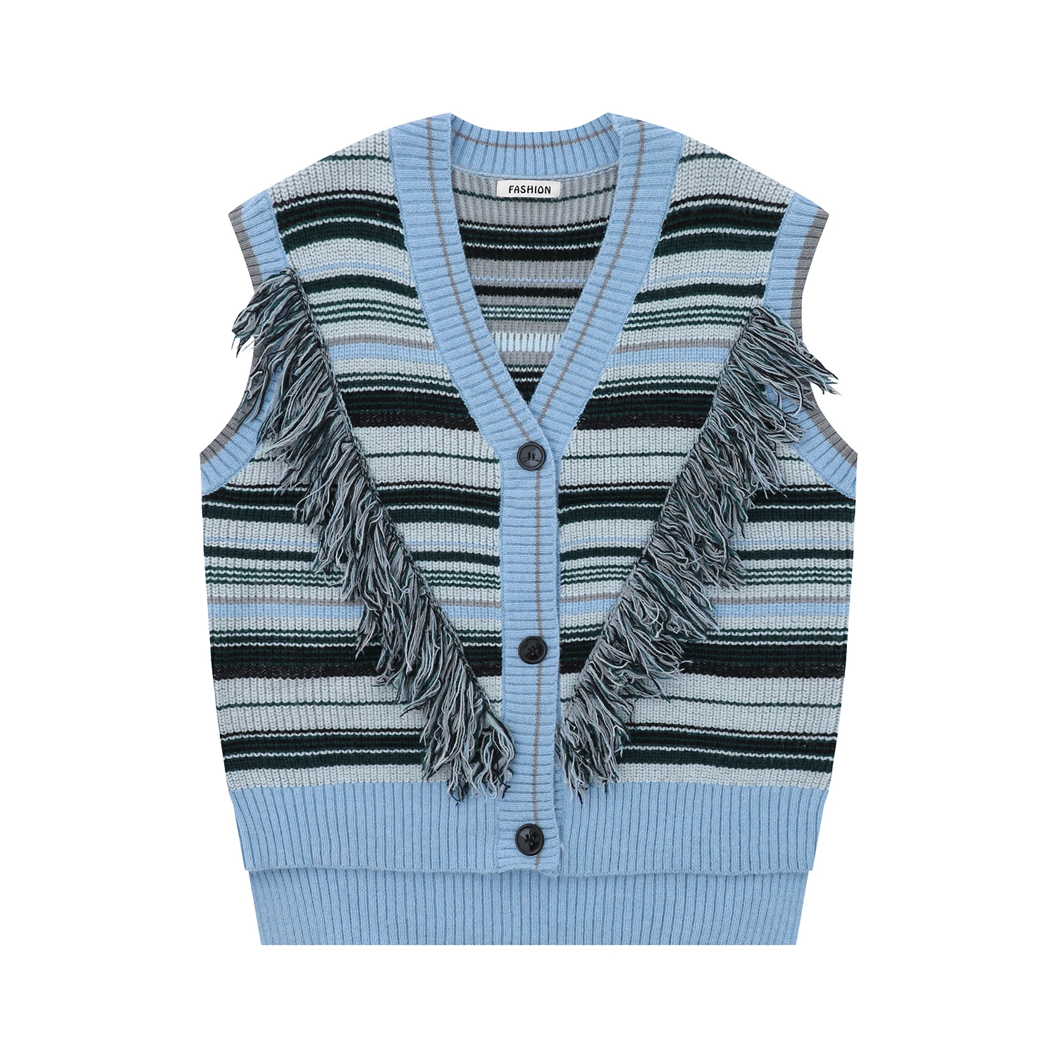 

Baggy Tassels Striped Knitted Vest Harajuku Fashionable Casual Raw Edge Patchwork Sleeveless Knitwears Top Oversize Sweaters Y2k