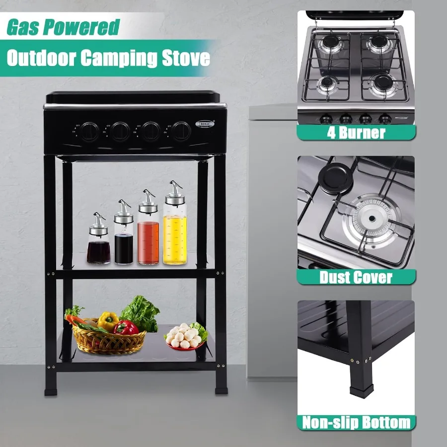 موقد غاز 4 شعلات، موقد خارجي محمول مع حامل تخزين قابل للإزالة، طباخ غاز البروبان عالي التحمل من الفولاذ المقاوم للصدأ مع الرياح #5