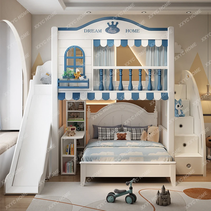 Children Interlaced Castle Tree House Bed Two-Layer Upper and Lower Bunk Double-Layer High and Low Bed Table Combined Bed