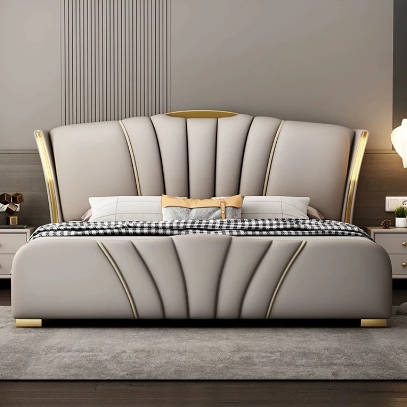 Luxury Home Elegant Furnish Decor Italian Style Leather Bed Master Bedroom Modern Simple Large Bed Soft Package Wedding Bed