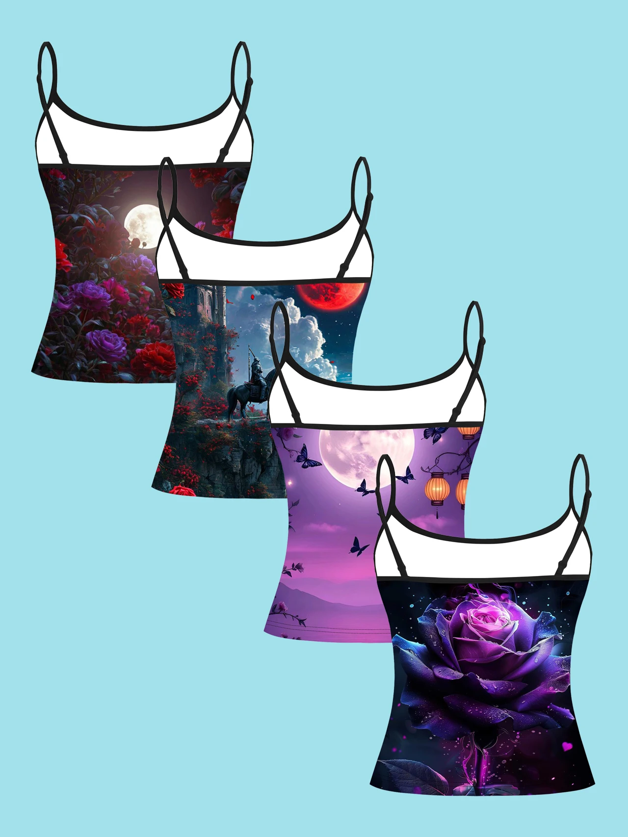 4-Piece Set of Women's Gothic Moonlight Rose Print Camisoles, Dark Knight Butterfly Full Moon Lantern Slim-Fit Spaghetti Strap Inner Tops
