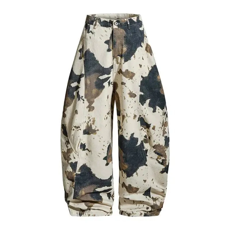 Niche Design Men's Casual Pants Cow Pattern Camouflage Contrast Color Loose All-match Male Curved Knife Trousers Spring Autumn