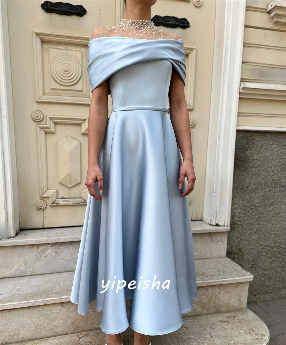 Jiayigong  Sexy Casual   Satin Beading Sequined Sash Clubbing A-line Off-the-shoulder Bespoke Occasion Gown Midi Dresses