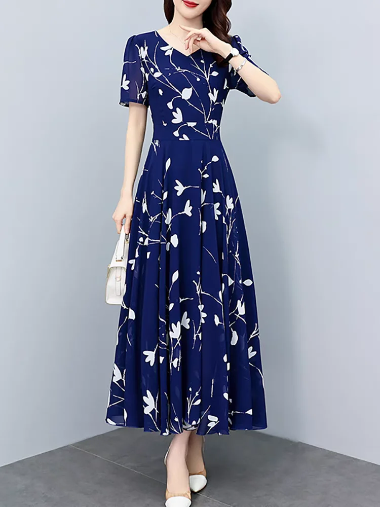 Ice Silk Floral Print A-Line Dress Women's Fashion Summer Casual High Waist Short Sleeve Comfortable Cooling Large Size Dress