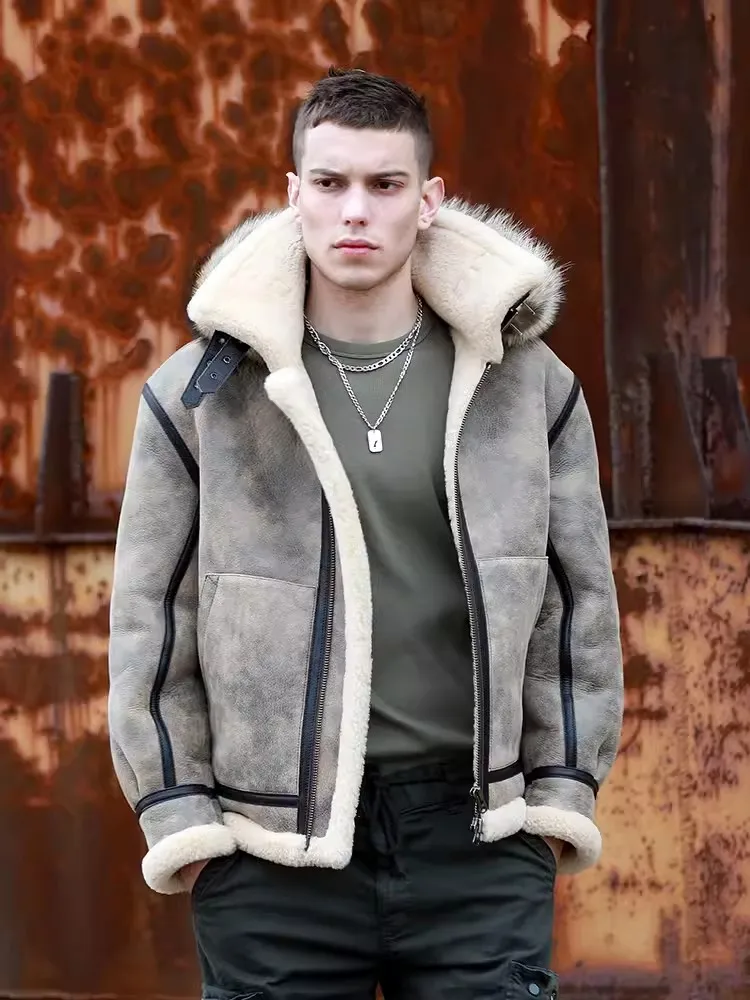 Fashion Men Winter Hooded Original Ecological Lamb Fur Coat Warm Wool Lining Real Fur Genuine Leather Jacket Flight Overcoat