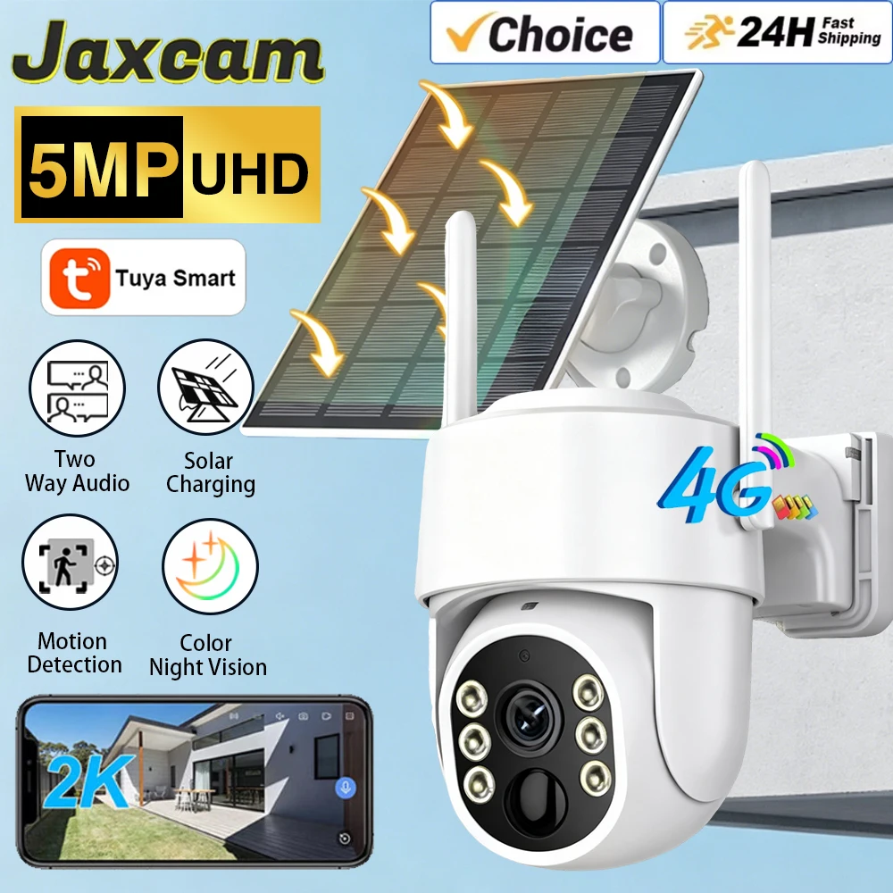 Tuya Smart Life Home 4G SIM Card Lifetime Data 5MP Surveillance Smart Security Camera Solar PTZ 2-Way Audio PIR Detection Camera