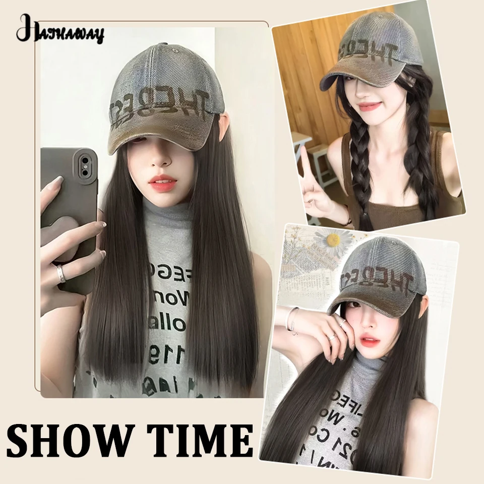 Topi Wig rambut lurus panjang 18 inci topi sintetik wanita Wig satu rambut panjang mode bisbol Retro baru topi wig rambut lurus panjang