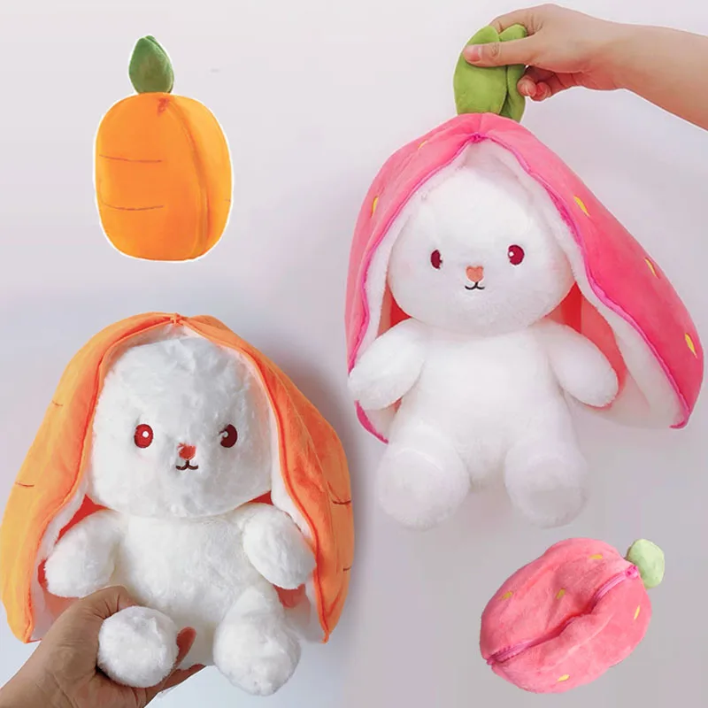 Lindo conejo de fresa, zanahoria, juguete de peluche creativo en fruta, transforma el bebé, muñeco de conejito de peluche de 25cm para chico, regalo de cumpleaños