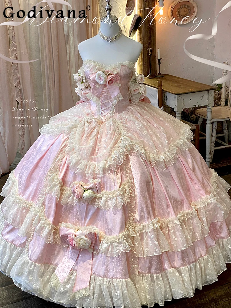 

Sweet Wedding Pink Maxi Dress Romantic Bar Mitzvah Tube Top Evening Dress Woman Slim-Fit Elegant Lace Heavy Industry Fairy Dress