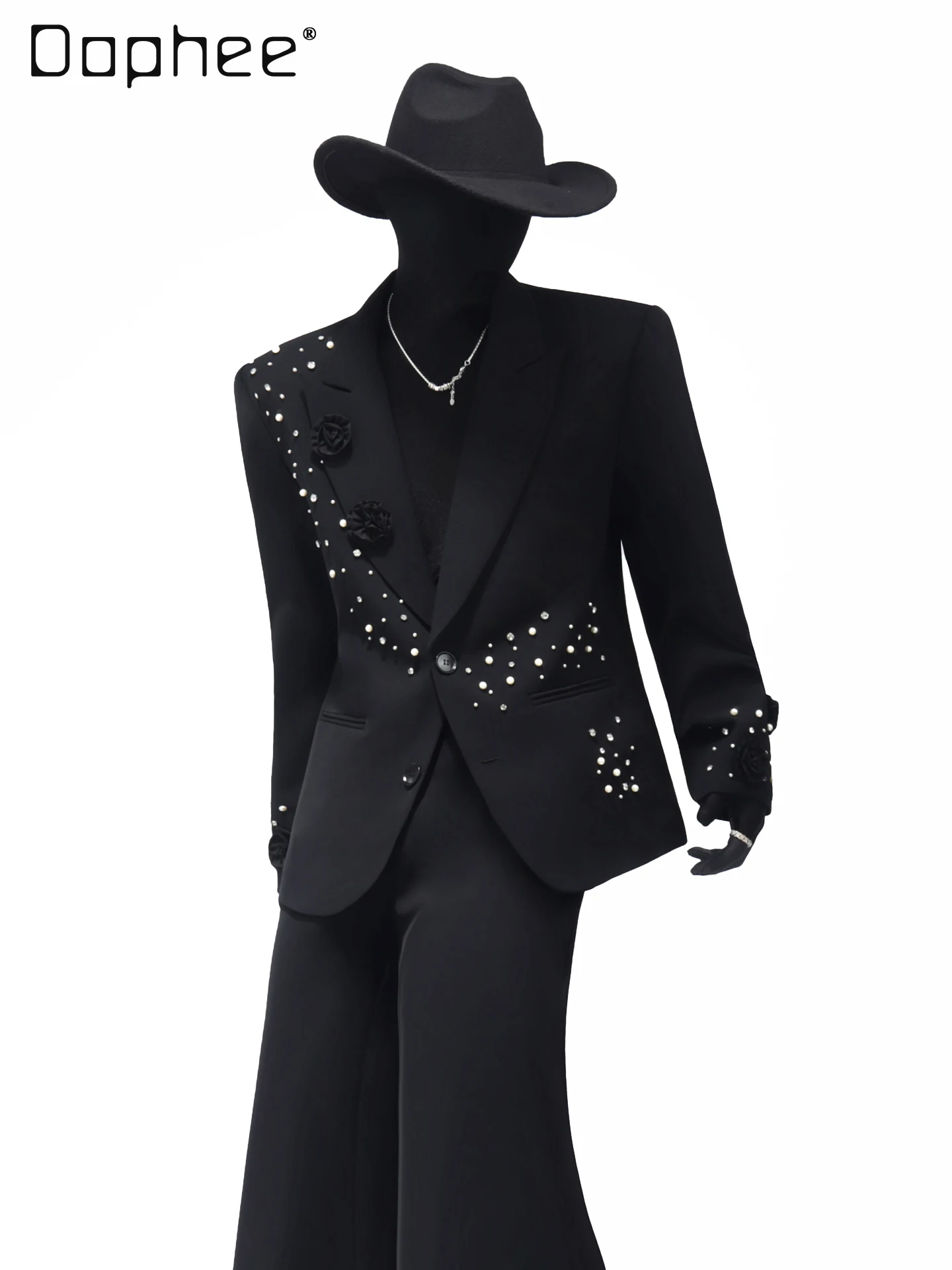 

2025 Spring and Autumn New Three-Dimensional Rose Design Heavy Beaded Black Blazer Men's Loose White Long Suit Pants