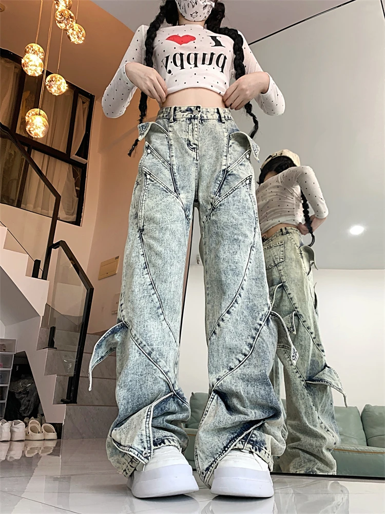 Women's Layered Splicing Design Jeans Cool Girl Street Unisex Pants Fashion Bottoms Female High Waist Straight Denim Trousers