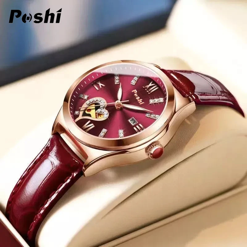 POSHI 925 Fashion Watch for Women Luxury Leather Strap Quartz Wristwatch Date Display Ladies Bracelet Original Clock with Box