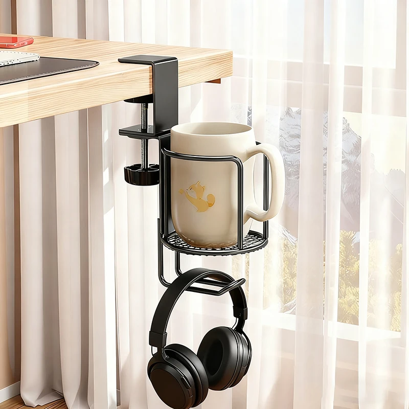 

2 In 1 Desk Cup Holder With Headphone Hanger Holder, Anti-Spill Cup Holder-360° Rotation Stand Hook Suitable For Coffee Mups