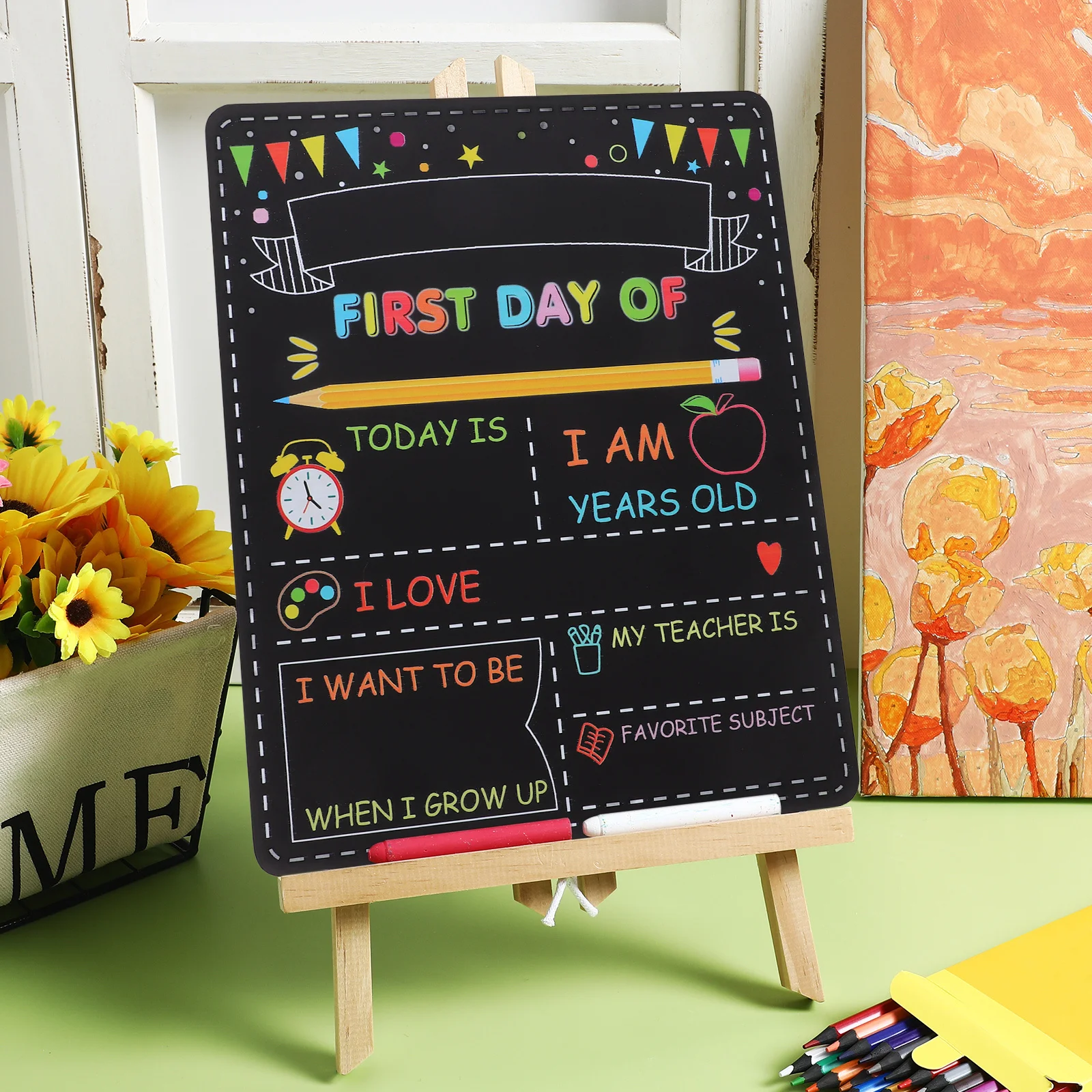 لافتة لوحة My First 1St Day of School، سبورة سبورة خشبية مزدوجة الجوانب قابلة لإعادة الاستخدام، ذكريات صور لمرحلة ما قبل المدرسة #5