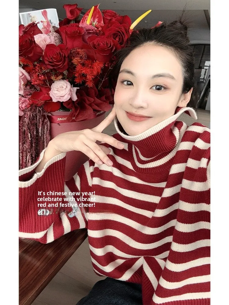 

Meiyang Mixed Wool High Collar Striped Knitted Sweater Sicilian Sle Women's Loose Fit Long Sve Top for Commute