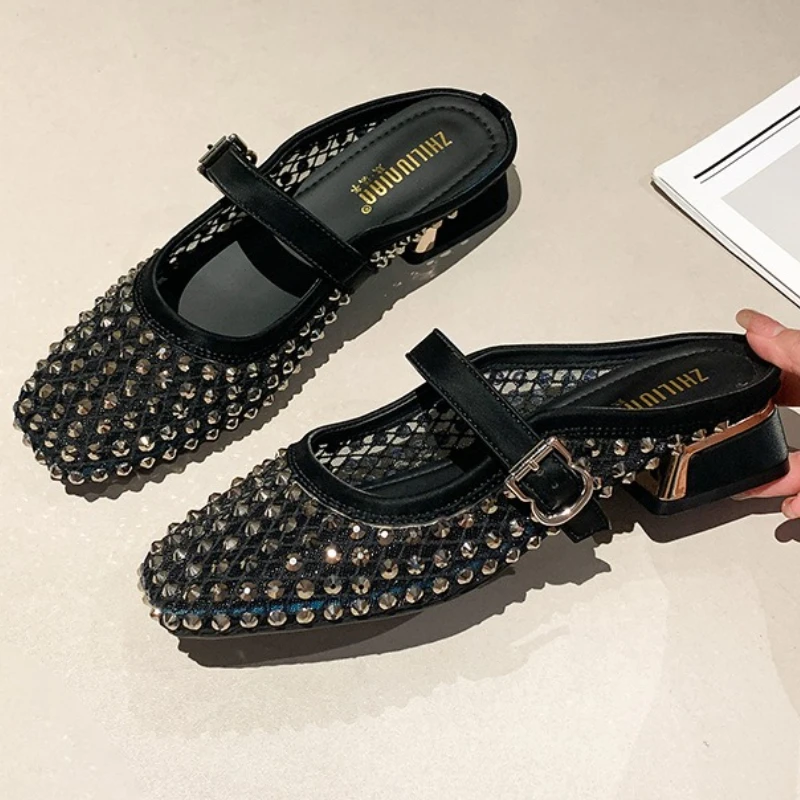 Mesh Rhinestone Chunky Heel Mules Slippers Women Breathable Summer Fashion Slides Square Toe Sandals for Women Pantuflas Mujer