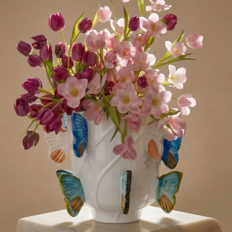 French butterfly high-end design ceramic vase, living room high-end flower ornament