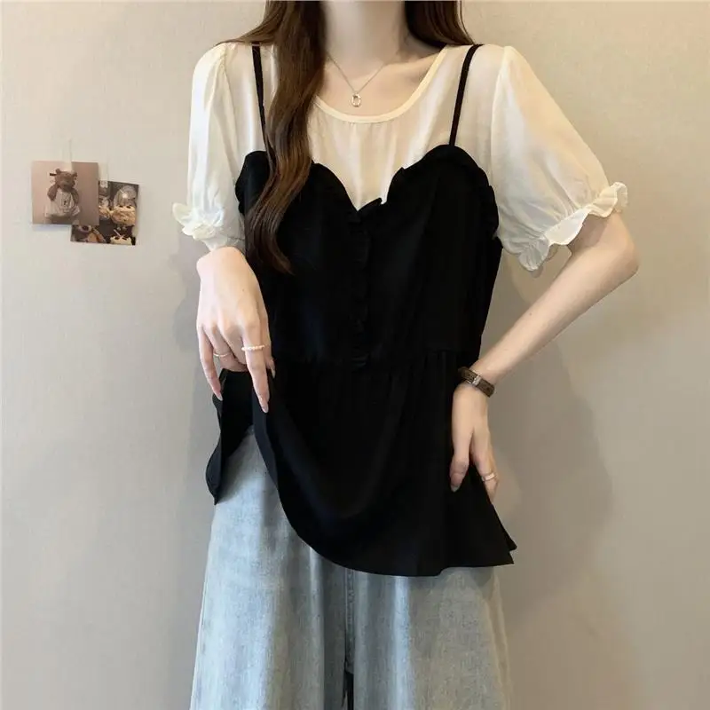 

plus Size Sweet Patchwork ort Sve irt Summer Slimming Younging Chiffon Top for Plump Women Meat Concealing Cotton Blend