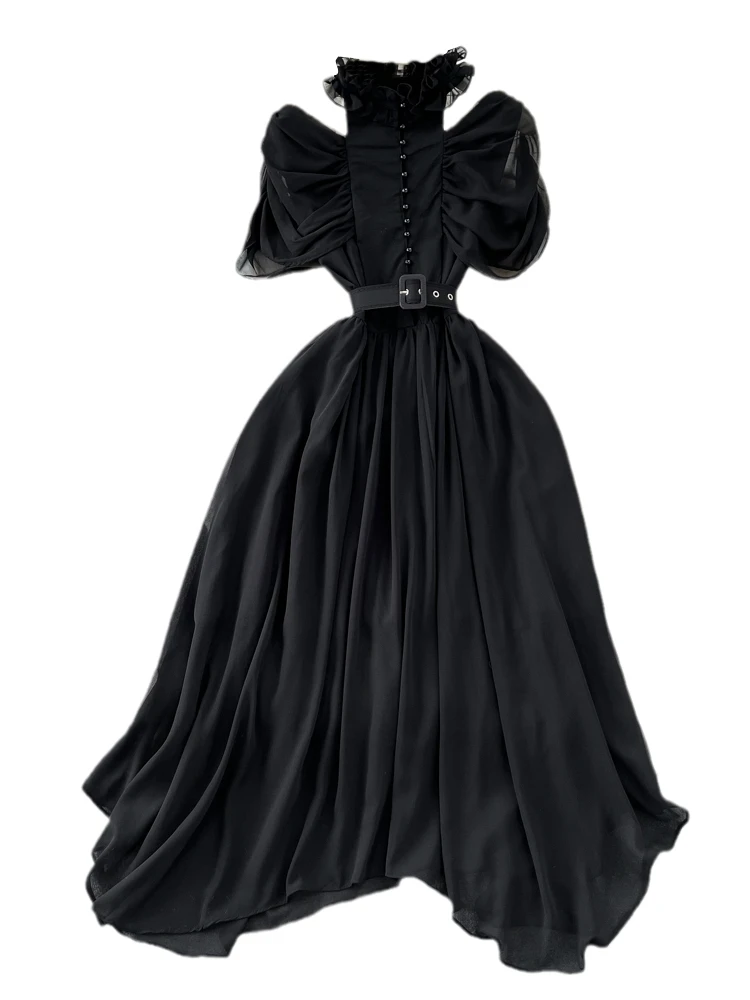 فستان شيفون أنيق بقصة A مع كتف مكشوف وخصر ضيق وطيات نحيفة وياقة عالية للنساء في العشرينات للارتداء في الصيف