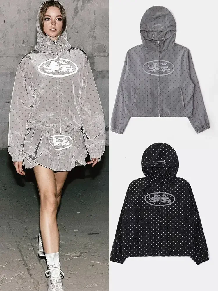 Badblood American Retro Polka Dot Zip-Up Hooded Windbreaker Unisex Loose Quick-Dry Sun Protection Top