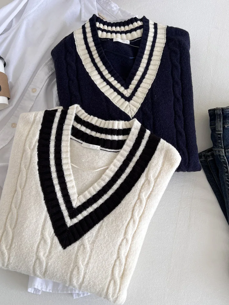 

Loose Women's Knitted Sweater V-Ne Pullover Vintage Briti College Sle Autumn Winter Spring Faion Korean Commute Sle