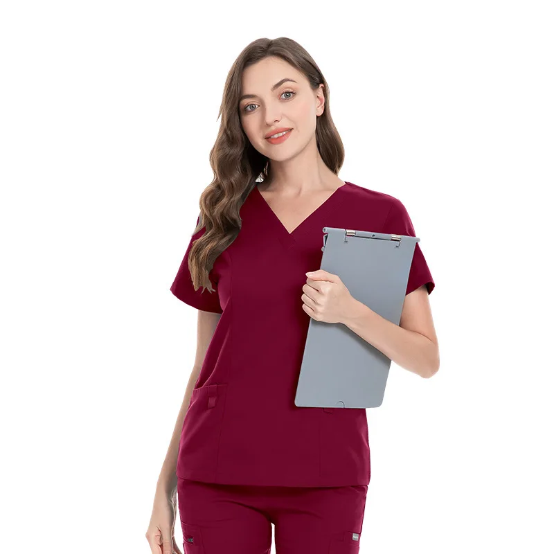 

Elastic Surgical Gown V-Neck Short Sleeve Hospital Nurse Uniform Set Dark Blue Korean Style Scrub Suit