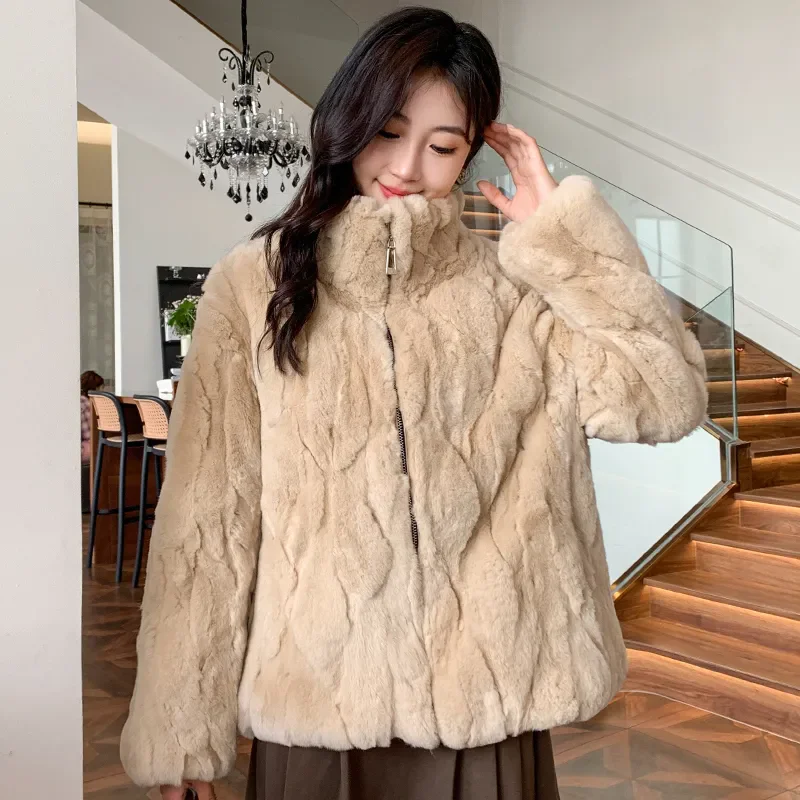 

Casual Rex Rabbit Fur Coat Women Winter New Fashion Stand Collar Zipper Thick Warm Furry Fur Jacket Female Loose Outerwear W1157