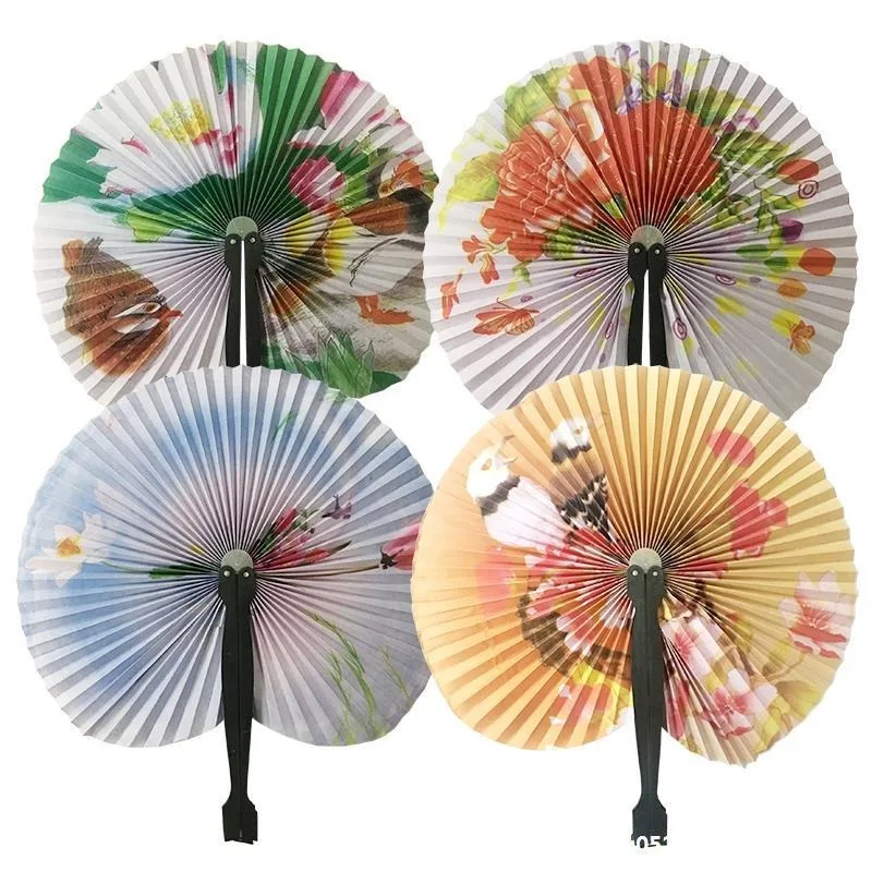 Decorative Fan Chic Female Handheld Fan Chinese Pocket Folding Hand Fan Round Circle Printed Paper Party Decor Gift color random